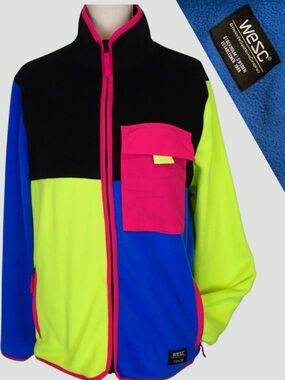 WeSC Moritz Colorblock Polar Fleece Zip Jacket Blue Neon Yellow Unisex M/L